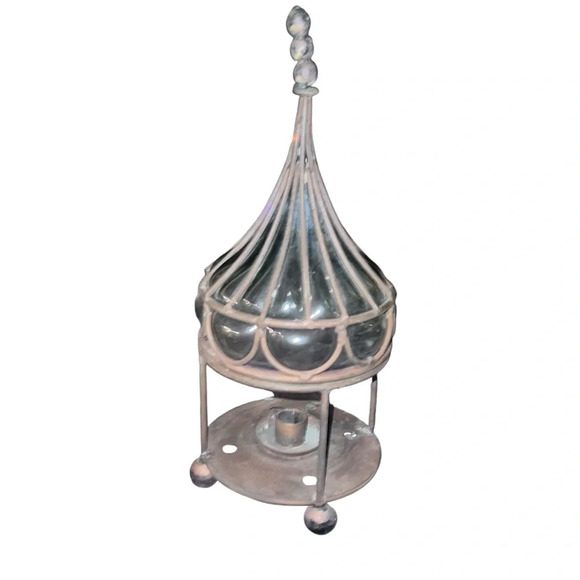 Large Molded Caged Mouth Blown Glass Cast Iron Metal Taper Candle Lantern Holder - Picture 1 of 7
